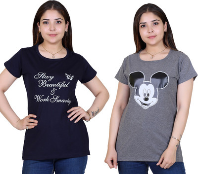 Ogarti Printed Women Round Neck Grey T-Shirt