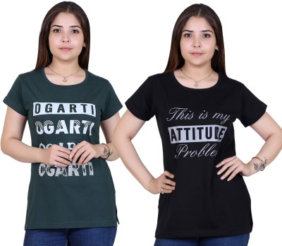 Ogarti Printed Women Round Neck Dark Green, Black T-Shirt
