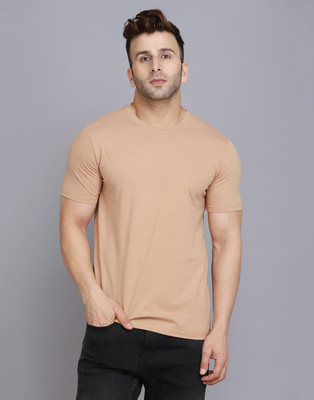 SLOWLORIS Solid Men Round Neck Beige T-Shirt