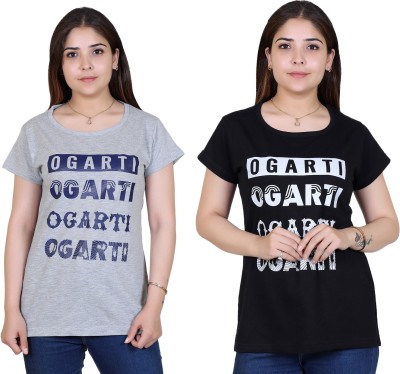 Ogarti Printed Women Round Neck Black, Grey T-Shirt