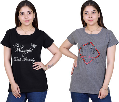 Ogarti Printed Women Round Neck Grey T-Shirt