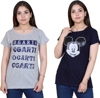 Ogarti Printed Women Round Neck Grey T-Shirt