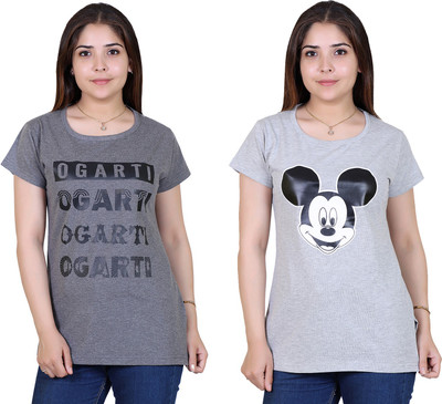 Ogarti Printed Women Round Neck Grey T-Shirt