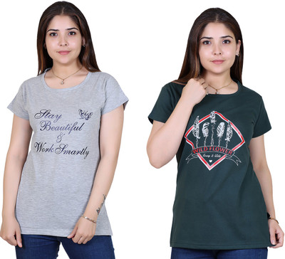 Ogarti Printed Women Round Neck Dark Green, Grey T-Shirt