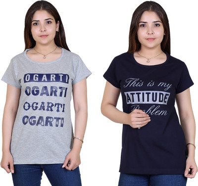Ogarti Printed Women Round Neck Grey T-Shirt