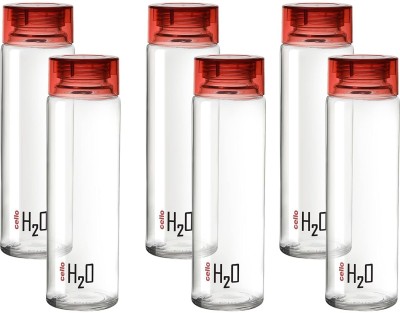 AVAIKSA Cello H2O Sodalime Glass Fridge Water Bottle with Plastic Cap ( Set Of 6 - Red ) 1000 ml Bottle(Pack of 6, Clear, Glass)