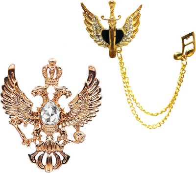 Aarohi Combo Of Vintage Double-headed Gold Plated Red Crystal Eagle Retro Wings Crown & Angel Wing Sword Musical Note Chain Suit Blazer Brooch Pin ACM-153 Brooch(Gold, White, Black)