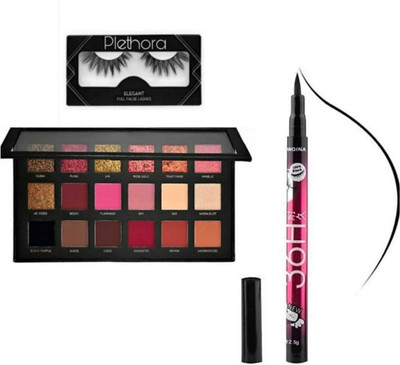 Plethora Rose Gold Edition Eyeshadow Palette 18 g ((Multicolor)) & 36 Hour eyeliner & Eyelash(3 Items in the set)