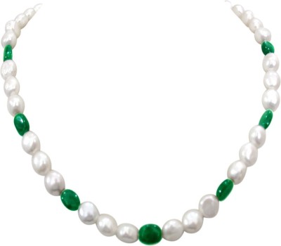 Surat Diamond Show Gal - Single Line Freshwtaer Button Pearl Necklace with Green Oval Emerald Pearl, Emerald Gold-plated Plated Metal Chain