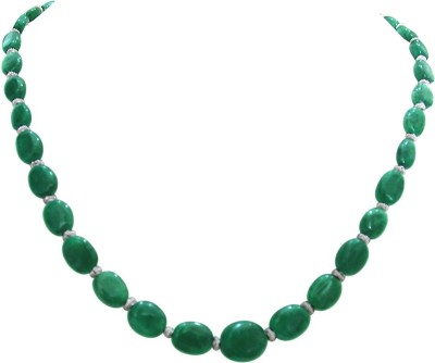 Surat Diamond Single Line Real Green Oval Emerald & Silver Plated Beads Necklace for Women Emerald Silver Plated Metal Chain