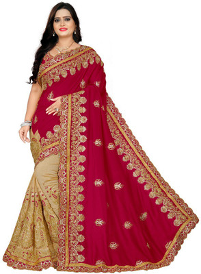 Jeel Fashion Embroidered Bollywood Silk Blend Saree(Pink, Cream)