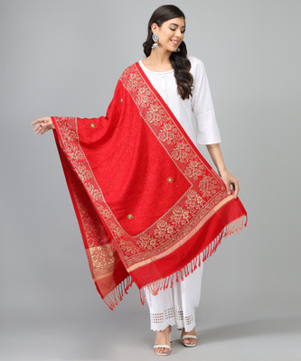 Kashmiri queen Wool Floral Print Women Shawl(Red)