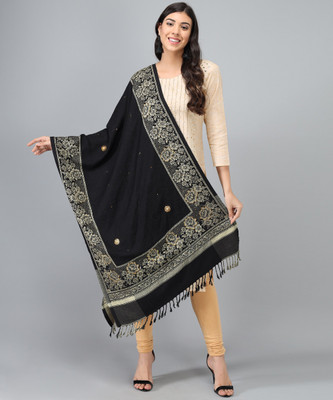 WEARSPOT Wool Floral Print Women Shawl(Black)