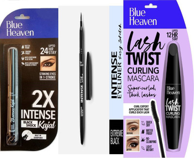 BLUE HEAVEN INTENSE Easy Sketch Eye Liner - (Black), INTENSE Kajal - Black 0.31 g AND LASH TWIST Curling Maskara(3 Items in the set)