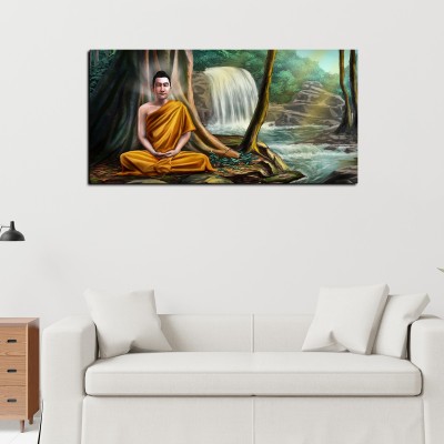 VIBECRAFTS Wall Painting of Lord Buddha with Nature Background for Home|Office|Gift(PTVCH_2204) Canvas 24 inch x 48 inch Painting(With Frame)