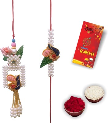 Rakhi Creation Bhaiya Bhabhi Peacock Couple Rakhis With Artificial Pearl and Crystal for Brothers Bhaiya Bhabhi with Roli Chawal and Greeting Card Pearl Chawal Roli Pack, Rakhi, Greeting Card  Set(Includes 1 Pair Rakhi, Roli Chawal and Greeting card)