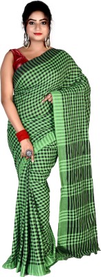 Madhushree Textiles Checkered Handloom Cotton Blend Saree(Green, Black)