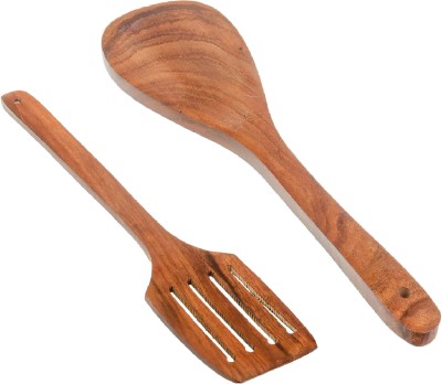 NAU NIDH ENTERPRISES Handcrafted Wooden Non Stick Slotted Turner & Rice Spoon /Serving Spoon Pack of 2 Non-Stick Spatula(Pack of 2)