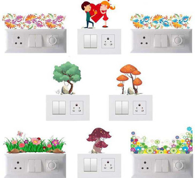 KREEPO 21 cm Colorful Decorative picture of colourful design and beautiful flowers Switch board Self Adhesive Switch board Sticker For Your Home (set of 8 pieces) Self Adhesive Sticker(Pack of 8)