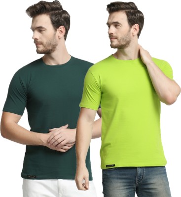 Diwazzo Solid Men Round Neck Dark Green, Light Green T-Shirt