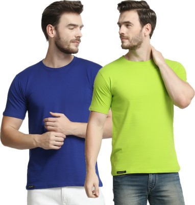 Diwazzo Solid Men Round Neck Dark Blue, Light Green T-Shirt