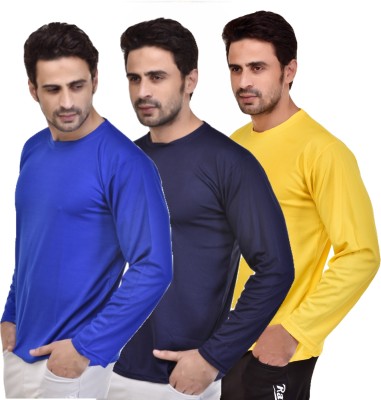 SMAN Solid Men Round Neck Dark Blue, Blue, Yellow T-Shirt