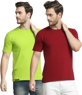 Diwazzo Solid Men Round Neck Maroon, Light Green T-Shirt