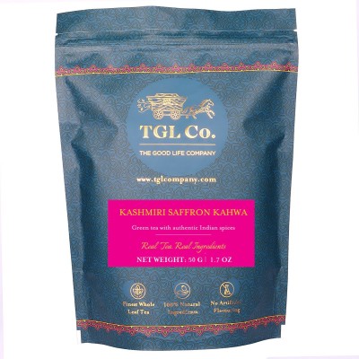 TGL Co. Kashmiri Kahwa Green Tea Leaf with Green Tea, Cinnamon, Cardamom, Cloves, Rose Petals, Almonds, Saffron Cinnamon, Cardamom, Cloves, Rose, Almond Green Tea Pouch(50 g)