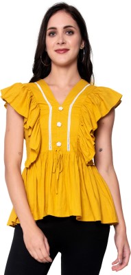 God Bless Casual Solid Women Yellow Top