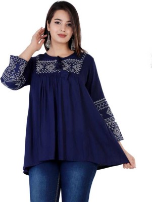 M MANDNA Casual Embroidered Women Blue Top