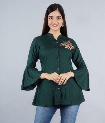 Kalratri Casual Embroidered, Solid Women Dark Green Top