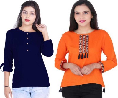 Kevat Gems Casual Embroidered Women Blue, Orange Top