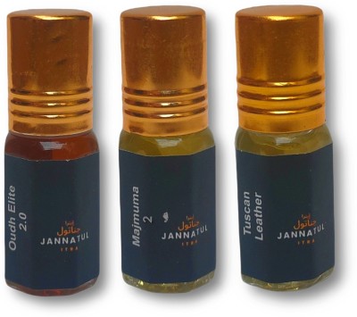 Jannatul itra Tuscan Leather | Oudh Elite 2.0 | Majmuma 2 | Perfume/Fragrance Oil Roll-on | Premium Long Lasting Concentrated Attar for Men | 4ml each Herbal Attar(Oud (agarwood), Leather, Spicy)