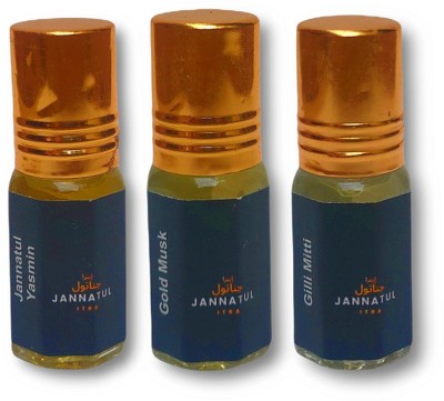 Jannatul itra Yasmin | Gilli Mitti | Gold Musk | Perfume/Fragrance Oil Roll-on | Premium Long Lasting Concentrated Attar for Men & Women | Unisex | 4ml each Floral Attar(Floral, Gold Musk)