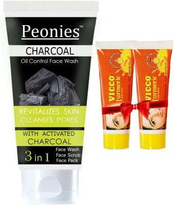 Peonies Charcoal 3 IN 1 Face Wash 100ml & Vicco Turmeric Skin Cream 15g(3 Items in the set)