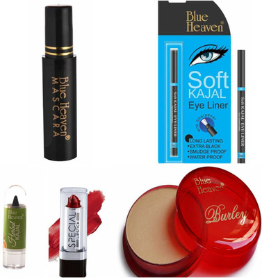 BLUE HEAVEN COMBO SET OF 5 COMAPCT & MASCARA & KAJAL MINI HERBAL & SOFT KAJAL AS EYE LINER & LIPSTCIK(5 Items in the set)