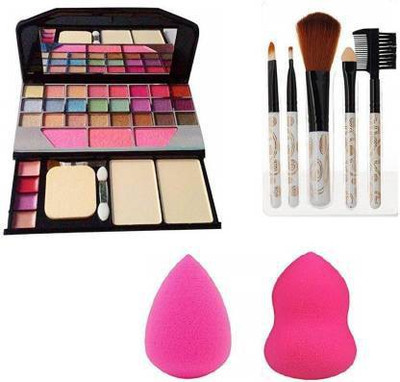 Glemmi Combo of Makeup Kit Eyeshadow with 5 Pcs Makeup Brush and 2 Pcs Blender Puff(Pack of 8)