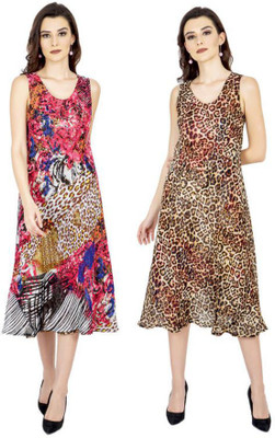 TSM Women A-line Red, Beige Midi/Calf Length Dress