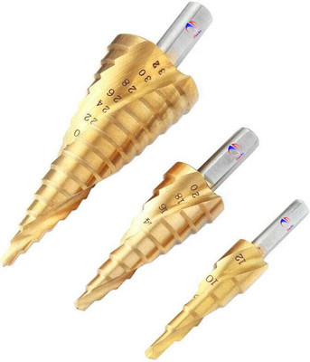 Mass Pro 3Pcs Spiral HSS Titanium Step Drill Bit Set, High Speed Steel Cone Drill Bits, Multiple Hole Cutting, Double Cutting Blades Drill Bit Steel Large Step Cone Hole Cutter Titanium Set 4-12/20/32 mm