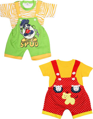 babeezworld Dungaree For Baby Boys & Baby Girls Casual Graphic Print, Polka Print Pure Cotton(Multicolor, Pack of 2)