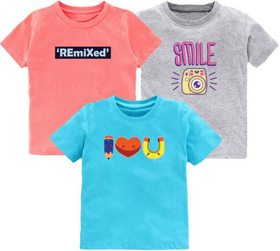 Kavee Boys Printed Pure Cotton Regular T Shirt(Pink, Pack of 3)
