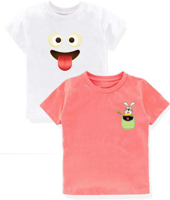 Kavee Boys Printed Pure Cotton Regular T Shirt(Pink, Pack of 2)