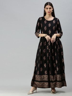 Kimisha Women Floral Print Anarkali Kurta(Black)