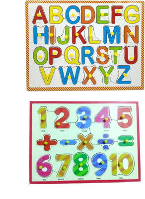 DgCrayons Wooden Combo English Alphabets Pairing Set Capital & Small And Number Board 1-10 with Mathematical Signs Along With Knobs Puzzle Tray Board Learning Toy for Kids 2 Years Old and Above(Multicolor)