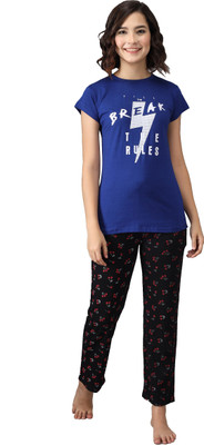 ANIXA Women Printed Blue, Black Top & Pyjama Set