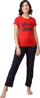 ANIXA Women Printed Red, Dark Blue Top & Pyjama Set