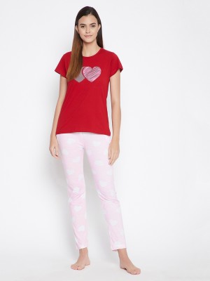 Clovia Women Printed Red, Pink Top & Pyjama Set