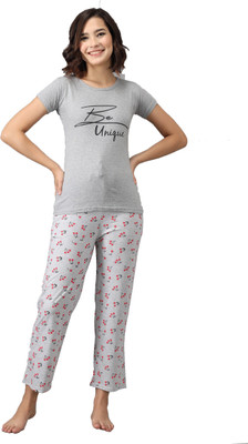 Fit N Fame Women Printed Grey Night Suit Set