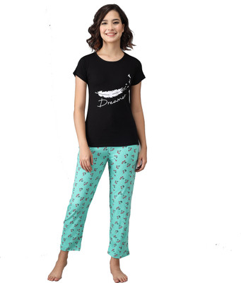 ANIXA Women Printed Black, Light Blue Top & Pyjama Set