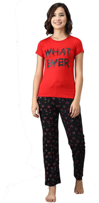 ANIXA Women Printed Red, Black Top & Pyjama Set